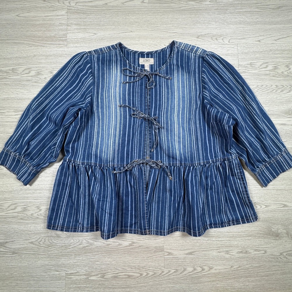 LOGO Lori Goldstein Women Denim Jacket Blue Stripe 18W Bow Tie Front Peplum Boho